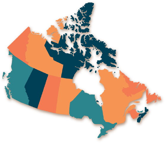 Multicoloured map of Canada showing all provinces and territories